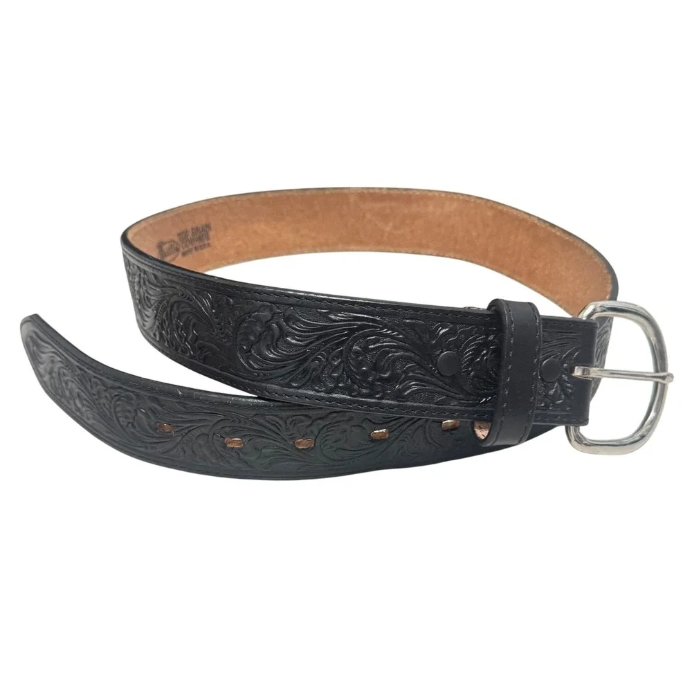 Justin Western Belt Men 30 Black Excellent‎ Floral Tooled Leather USA 242BK